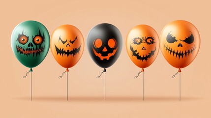 Decorative Halloween balloons with scary faces and evil smiles 3D vector design includes gift boxes perfect for holiday decor