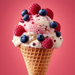 Wall Mural - Close-up of a waffle cone filled with vanilla and strawberry ice cream and topped with fresh raspberries and blueberries.