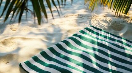 Wall Mural - Close-Up of Striped Green Towel on Sandy Shore