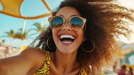 A cheerful woman with curly hair smiles brightly while holding a camera, enjoying a sunny day at the beach adorned with palm trees and vibrant surroundings