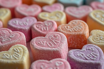 Poster - Close-up of colorful heart-shaped candies with white lettering.