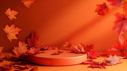 Podium with red autumn leaves on orange background with shadows. Showcase for product presentation, autumn background .generative ai