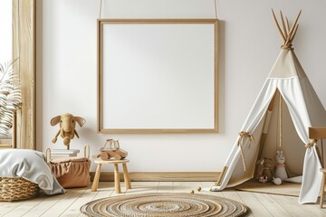 Poster - A room with a white wall and a wooden frame,generative ai image