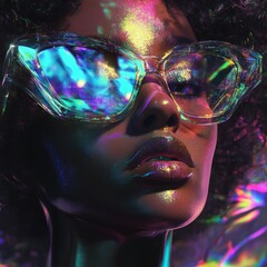 Poster - Close-up portrait of a woman with iridescent sunglasses, illuminated with colorful lighting.