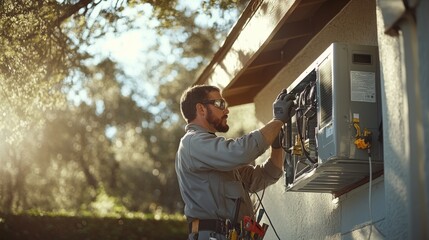 A man dressed in a grey uniform is focused on calibrating the controls of an outdoor air conditioning unit. The setting is bright and sunlit