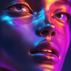 Poster - Close-up portrait of a woman's face illuminated with vibrant blue and orange light.