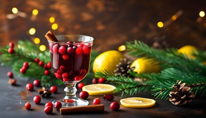 Wall Mural - Festive cranberry cocktail adorned with cinnamon sticks, pine branches, berries, and lemon slice on table, perfect for holiday celebrations and banner designs