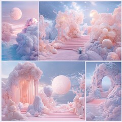 Sticker - Collage of surreal landscapes with pink and blue clouds, moon, and stairs.