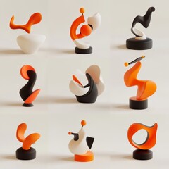 Wall Mural - Collection of nine abstract sculptures with orange, black, and white colors, arranged in a grid pattern on a white background.