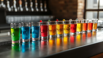 A bar counter filled with colorful, mini-sized drinks. Shots and shooters are lined up, perfect for a party. They're the perfect way to cool down and have fun at a bar or club.