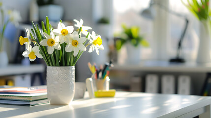 Home office setup for bloggers with white daffodils in a vase and office supplies on a light background