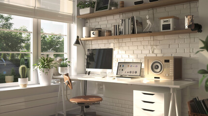 Home office workspace with a white shelf and accessories