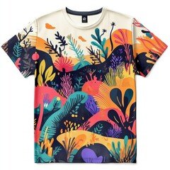 Wall Mural - Colorful abstract print with plants on a white T-shirt.