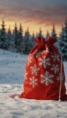 Wall Mural - Festive red Christmas sack with snowflakes in a snowy landscape.