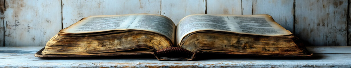 Wall Mural - “An Open Bible on an Old White Wooden Table, Featuring a Peaceful and Reverent Scene, with Copy Space for Messages of Faith, Spiritual Reflection, and Religious Inspiration”
