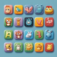 Wall Mural - Colorful cartoon animal icons on blue background.