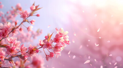 Horizontal banner with pink sakura flowers on a sunny backdrop; beautiful nature spring background with a blooming sakura branch; sakura blossoming season in Japan