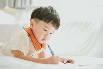 3 years old asian boy is drawing a picture of his cat in living room