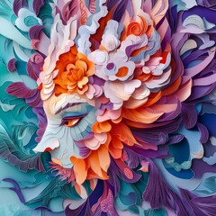 Wall Mural - Colorful paper cut art of a woman's face, abstract floral design.