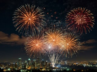 Sticker - Fireworks lighting up the night sky over a city skyline.