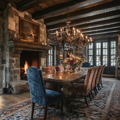 Canvas Print - Cozy dining room with fireplace, stone walls, wooden beams, and chandelier.