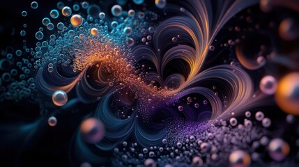 Wall Mural - a vibrant abstract composition featuring swirling patterns and bubbles in shades of blue, orange, an
