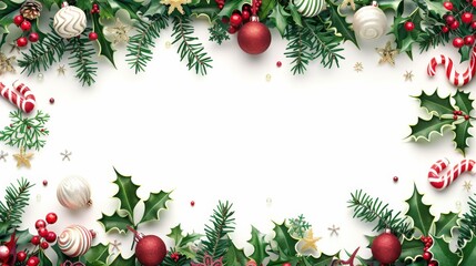 Christmas themed border decorated with festive elements ornaments, candy canes, holly leaves, Christmas lights, and snowflakes decoration of art frame wallpaper,card and banner on white background.