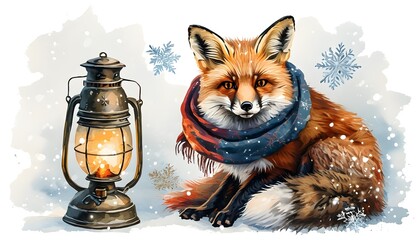 Wall Mural - Winter fox in a scarf beside a glowing vintage lantern with snowflakes on a clear white background, ideal for Christmas and New Year designs and illustrations