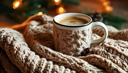 Wall Mural - Warm winter vibes with cozy coffee cup on knitted blanket, perfect for holiday advertising and Christmas cheer