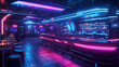 © Elmin - A futuristic bar with neon lights, a glowing stage, and a dance floor.  It's a vibrant, modern club with a retro cyber feel.