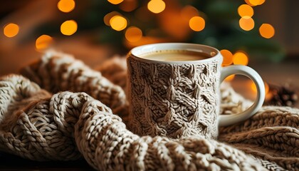 Wall Mural - Warm winter vibes with cozy coffee cup on knitted blanket, perfect for holiday advertising and Christmas cheer