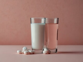 Wall Mural - Four white pills lined up next to a glass of water on a pastel pink background.