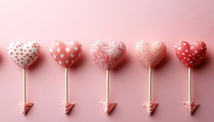 Wall Mural - Five pink heart-shaped lollipops on sticks arranged in a row on a pink background.