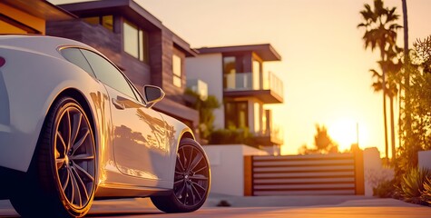 Wall Mural - Car parked in front of a modern family house, close-up on the car wheel with a beautiful home background