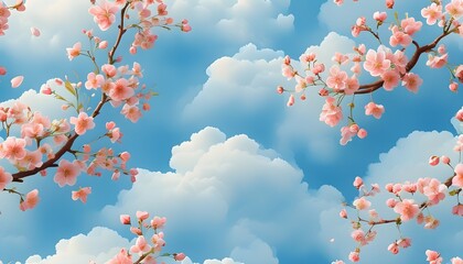 Wall Mural - Serene Minimalist Pattern of Floating Peach Blossoms Against a Dreamy Blue Sky for Wellness and Meditation Designs