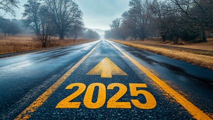 Road to 2025 with an empty road with written 2025 and arrow pointing towards the horizon to represent the future and positivity and success of the new year 2025