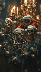 Canvas Print - Four human skeletons wearing Santa hats adorn a Christmas wreath hanging from a chandelier.