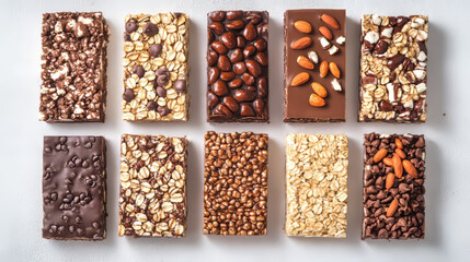 A variety of protein and oatmeal bars are displayed on a light background. These bars are perfect for energy, sports, breakfast, or as a protein boost.