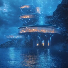 Futuristic building on cliff over water with glowing windows.