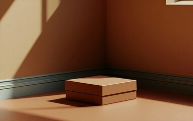 Wall Mural - A minimalist scene featuring a simple brown box in a sunlit corner of a room, emphasizing light and shadow play.