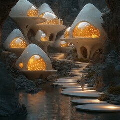 Sticker - Futuristic cave homes with glowing windows and a stone path leading to a river.