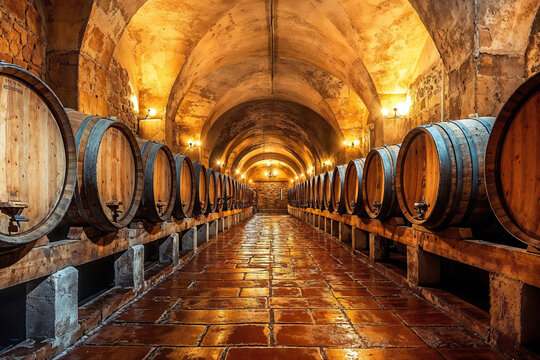 Wine barrels resting in an old rustic wine cellar