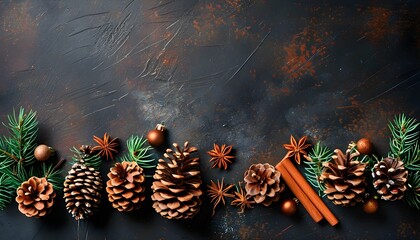 Poster - Rustic holiday arrangement of pinecones, star ornaments, and cinnamon sticks on a dark background, perfect for festive design and Christmas cheer