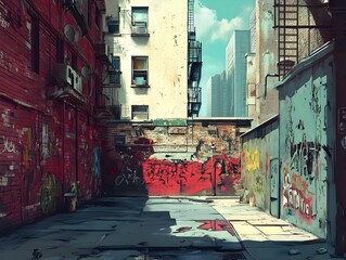 Vibrant Urban Graffiti Adorning a Weathered Alley Wall in Gritty Cityscape