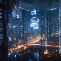 Sticker - Futuristic city skyline at night with glowing digital displays and street lights.