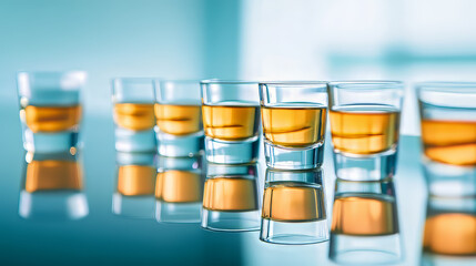 Small glasses of alcohol are lined up on a mirrored surface.