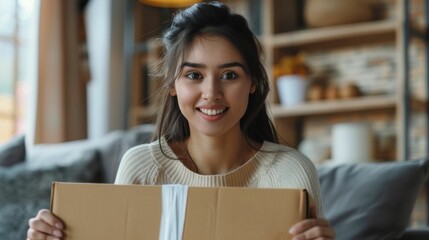 lady excited to open a parcel, looking at the parcel