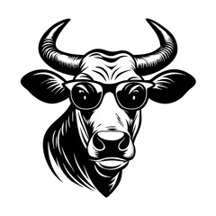 a black and white illustration of a cow's head. The cow has two large horns on its head and is wearing a pair of sunglasses