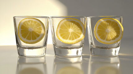 Three shot glasses, each with a slice of lemon, perfect for serving tequila or whiskey.