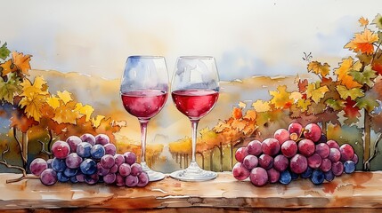 Wall Mural - a watercolor painting a red wine on the table and glasses on the background of the vineyard